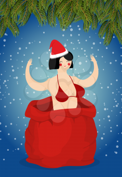 Stripper in red sack of Santa Claus. Adult New Year. Prostitute as gift. Congratulations for men. Woman on holiday for fun. Whore in bag