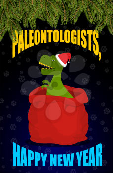 New year Paleontologists . Dinosaur T- rex in red sack Santa Claus. Tyrannosaurus congratulates on Christmas. Prehistoric predator. Big bag with gifts
