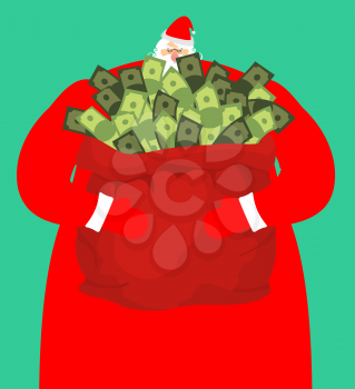 Rich santa and red bag with money. Claus sack of cash. Expensive gift. Wealth Christmas
