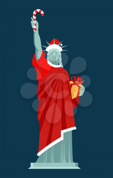Santa Statue of Liberty. Candy cane and gift box. Monument in suit of Claus. Christmas hat and red clothes. USA Patriot National landmark

