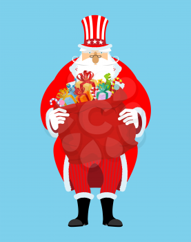 Santa Uncle Sam. American Christmas Claus. Winter cylinder. Patriotic grandfather white beard. US National new year hero