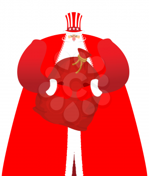 Santa Uncle Sam. American Christmas Claus. Winter cylinder. Patriotic grandfather white beard. US National new year hero