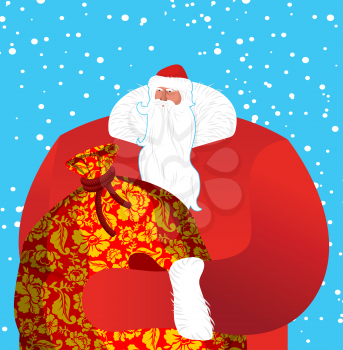 Russian Santa Claus- father frost (Ded Moroz). Great grandfather in red suit carries big sack of gifts for children. National folk holiday person in Russia. card, poster Christmas and New Year. Red ba