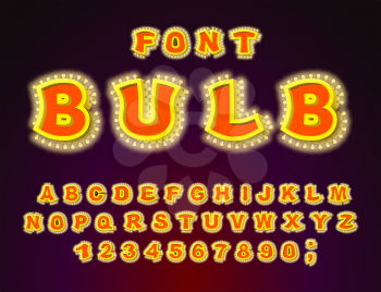 Bulb font. Glowing letters. Retro Alphabet with lamps. ABC pointer with light bulb. Vintage Glittering lights lettering
