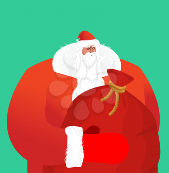 Santa Claus with sackful toys and sweets. Big red festive bag. Great Grandpa with white beard and red suit. Illustration for Christmas and New Year. Large sack of gifts