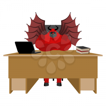 Devil of workplace. Satan boss sitting in office. Red demon at work. leader at job table. Laptop and phone. Cup of coffee. Director of hell. Chair of human skin. Diablo service businessman
