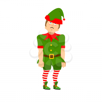 Sad Christmas Elf. sorrowful helper of Santa Claus. dull little man in green suit. XMAS character for new year
