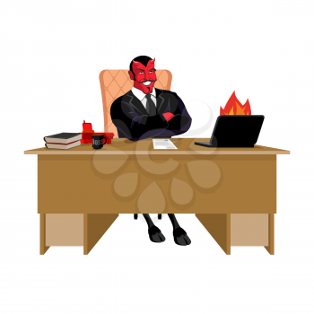 Red demon Boss at job table. Satan leader sitting in office. Devil of workplace. Laptop and phone. Cup of coffee. Director of hell. Chair of human skin. Diablo service businessman
