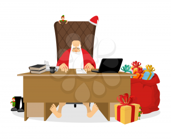 Santa Claus residence. Christmas big boss in Work office. Jobs and armchair chief. Elf helper in green suit. Large red sack of gifts for children. New Year festive decorated Christmas tree.
