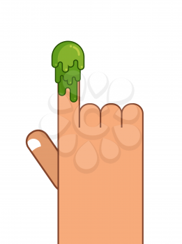 Booger and Hand. Snot on finger. Pick your nose snivel. Green slime lump
