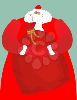 Santa Claus with bag of gifts. Big red sack. Great Grandpa with white beard and red suit. Illustration for Christmas and New Year. Large sackful toys and sweets