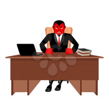 Diablo boss sitting in office. Devil of workplace. Red demon at work. leader at job table. Laptop and phone. Cup of coffee. Director of hell. Chair of human skin. satan service  
