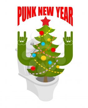 Punk New Year. Decorated fir stands in toilet bowl. unfriendly behavior. Antisocial freak holiday
