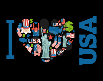 I love America. Sign heart of USA traditional folk characters. Map of country and United States flag. Statue of Liberty and Uncle Sam. Dollar and star. National patriotic American emblem