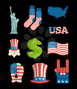 America symbol set. USA National Landmark. State traditional icons. Map and  flag United States. Statue of Liberty and Uncle Sam. Dollar and star. Patriot collection