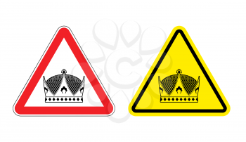 Warning sign King attention. Hazard Yellow Sign monarch. Crown on red triangle. Set of road signs against ruler
