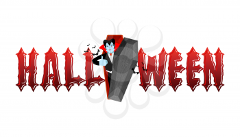 Halloween typography. Dracula in his coffin. Logo for scary holiday. Vampire and lettring
