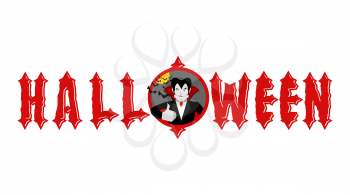Halloween emblem. Dracula winks and shows thumb up. Merry scary holiday
