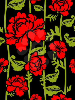 Red Roses on long stems. Seamless pattern of flowers