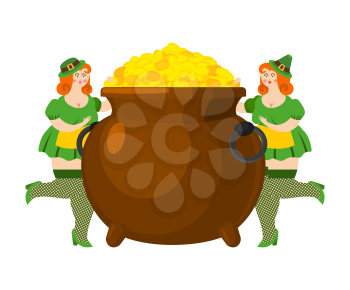 Leprechaun girl and pot of gold. Legendary treasures for lucky. St.Patrick 's Day. Holiday in Ireland