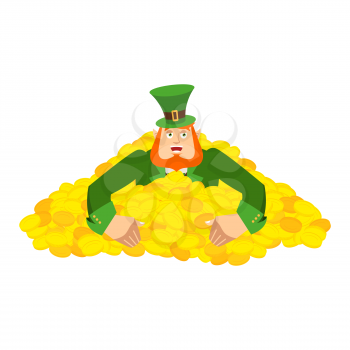 Leprechaun gold . Dwarf with red beard in heap gold coins. Legendary treasures for lucky. St.Patrick 's Day. Holiday in Ireland
