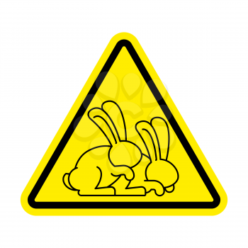 Attention rabbit sex. Caution bunny hare intercourse. Yellow triangle road sign
