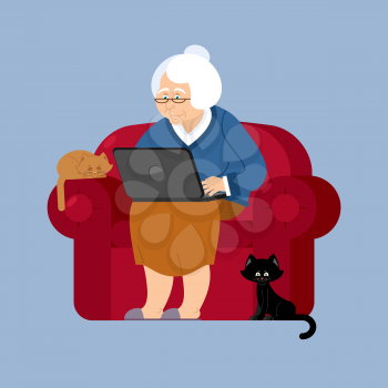 Grandmother and laptop an armchair. old woman and pc. grandma and cat. Elderly woman and computer
