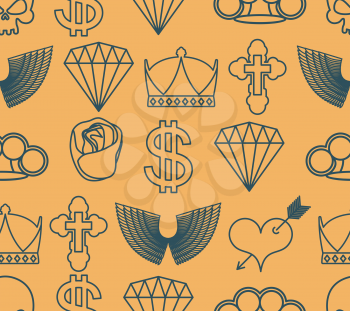 tattoo seamless pattern. Skull and brass knuckles. Rose and heart with an arrow. Wings and cross. Crown and dollar. Diamond