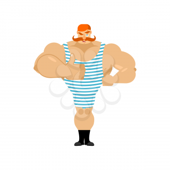 Retro athlete with red mustache. Vintage sportsman. Ancient bodybuilder. Old strong man in striped overalls
