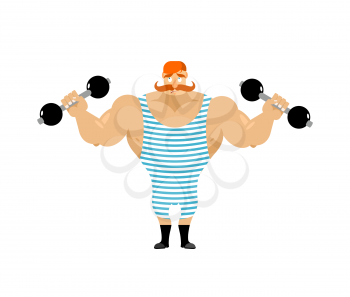 Retro athlete with red mustache. Vintage sportsman. Ancient bodybuilder. Old strong man in striped overalls
