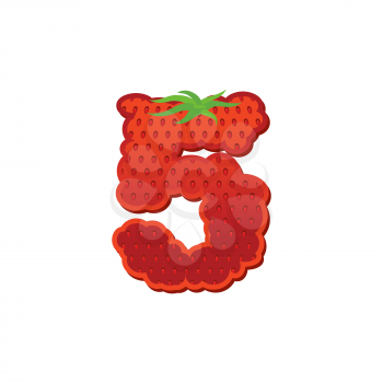 Number 5 Strawberry font. Red Berry lettering five alphabet. Fruits ABC
