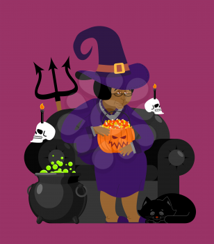 Witch African American with black cat. Halloween character. Skull and pot magic potion
