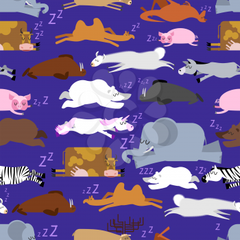 Sleeping animals seamless pattern. Seal and deer. Crocodile and camel. Zebra and bear. Walrus and kangaroo. Unicorn and Polar Bear. Cow and llama. Donkey, elephant and pig. wild animal sleeps ornament. Texture for children's cloth