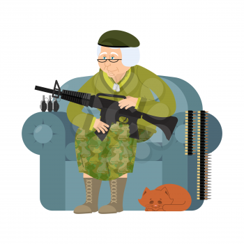 Military Grandmother with gun. Army old woman in an armchair with tommy gun and cat. Soldier grandma with rifle. Protection of pensioners

