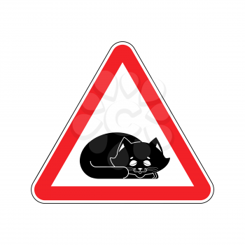 Attention Sleeping cat. Caution pet. Red triangle road sign
