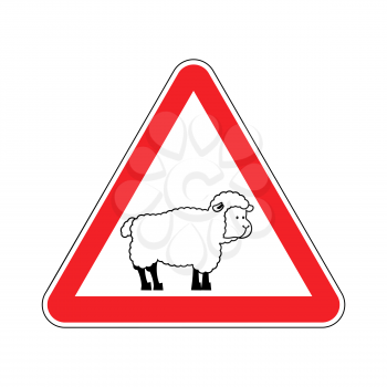 Attention of sheep. Caution farm is an animal. Red prohibitory road sign. Ban ewe
