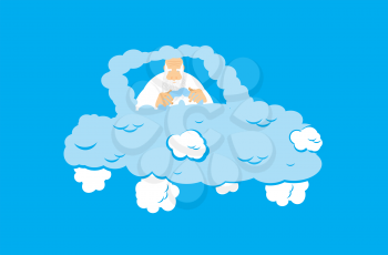 God in Cloud car. Almighty in auto from clouds. deity in Heavenly transport. Vector illustration