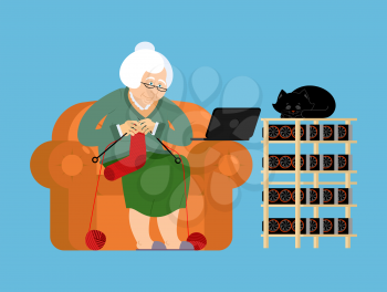 Mining farm and Grandmother. Cryptocurrency at home. Granny Extraction of virtual money. Vector illustration
