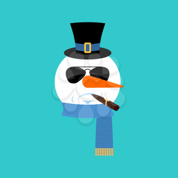 Snowman Serious with cigar emoji face emotion avatar. New Year and Christmas vector illustration
