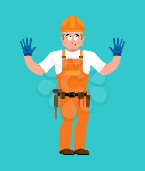 Builder oops guilty . Worker in protective helmet culpable. Service worker Serviceman apologize. Vector illustration