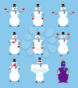 Snowman set poses and motion. Fitter happy and yoga. Serviceman sleeping and angry. guilty and sad. Happy eggplant. New Year and Christmas vector illustration