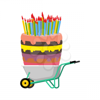 Wheelbarrow and big birthday cake. large Pie in garden trolley. Vector Illustration
