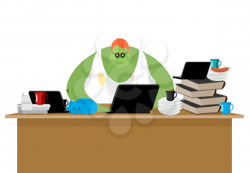 Internet trol. Big green monster and laptop. Vector illustration
