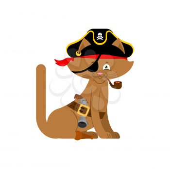 Cat pirate. Home pet buccaneer. filibuster hat and smoking pipe. wooden leg. Vector illustration.
