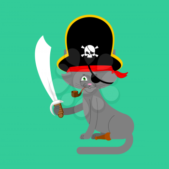Cat pirate. Home pet buccaneer. filibuster hat and smoking pipe. wooden leg. Vector illustration.
