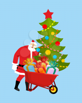 Santa Claus Wheelbarrow and gifts. Xmas grounds trolley. Christmas and new year. Vector illustration 