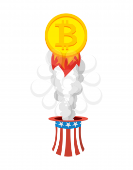 Bitcoin rocket. flies out of hat of Uncle Sam. Growth of price of crypto currency. Witcher illustration
