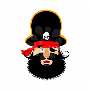 Pirate happy emoji head. Filibuster merry emotion face. Buccaneer cheerful avatar. Vector illustration
