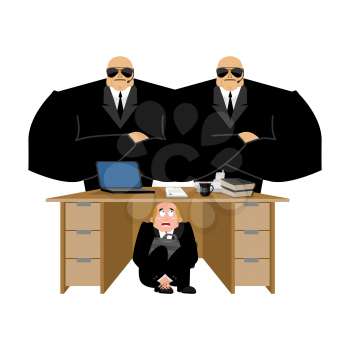 Businessman scared under table of collector. frightened business man under work board. repay debts. Boss fear office desk. To hide from arrears. Vector illustration
