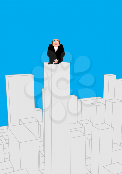 Businessman scared on skyscraper. frightened business man on roof of building. Boss suicide. Vector illustration